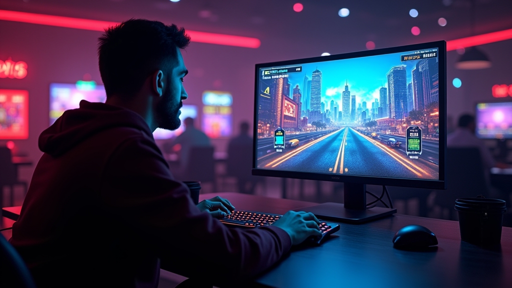 Player practicing demo game strategy on a glowing screen in a dark casino room