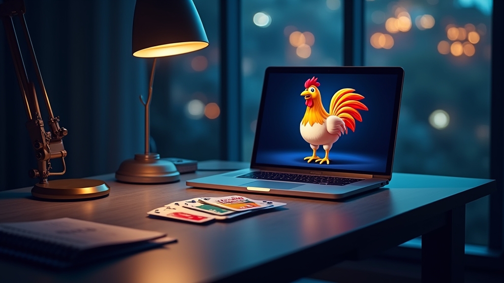 Laptop screen with bonus code cards beside a chicken mascot in a dark casino setting
