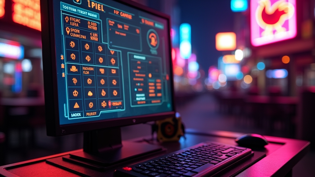 Close-up of demo game interface elements around a neon road in a dark casino setting