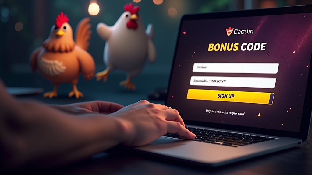 Casino signup form with a bonus code being entered on a laptop