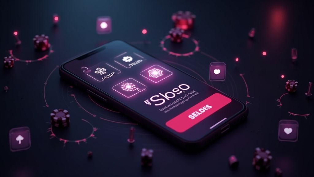 Smartphone with support and safe play icons in a dark casino-style scene
