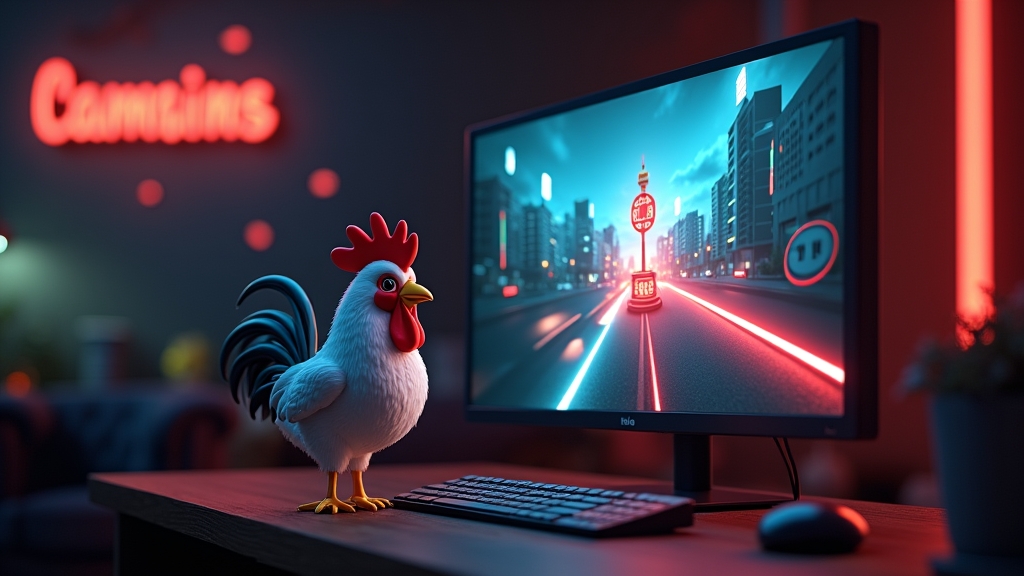 Demo game screen with a chicken crossing a neon road in a dark casino setting